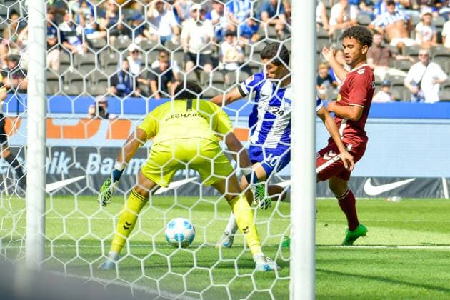 24 08 2024, xlakx, Soccer 2 Bundesliga, Hertha BSC Berlin Jahn Regensburg emspor, v l Ibrahim Maza Hertha BSC 10 ,scores the 1 0 DFL DFB REGULATIONS PROHIBIT ANY USE OF PHOTOGRAPHS as IMAGE SEQUENCES and or QUASI VIDEO Daniel Lakomski Jan Huebner Berlin