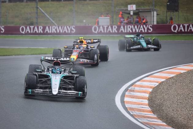 63 George Russell Mercedes AMG Petronas Formula One Team, 63 , 11 Sergio Checo Perez Oracle Red Bull Racing, 11 , 18 Lance Stroll Aston Martin Aramco Formula One Team, 18 , Free Practice 3, FP3, Free Practice 3, NDL, Formula 1 World Championship, Dutch Grand Prix, Circuit Zandvoort, 24 08 2024 NDL, Formula 1 World Championship, Dutch Grand Prix, Netherlands, Circuit Zandvoort, 24 08 2024 Zandvoort Copyright: xEibner-Pressefoto AnnikaxGrafx EP_AGF