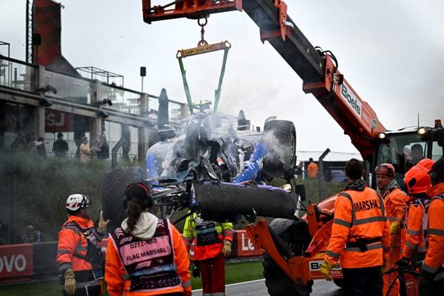 Damaged car of 2 Logan Sargeant USA, Williams Racing after his crash, F1 Grand Prix of the Netherlands at Circuit Zandvoort on August 24, 2024 in Zandvoort, Netherlands Photo by HOCH ZWEI Zandvoort Netherlands