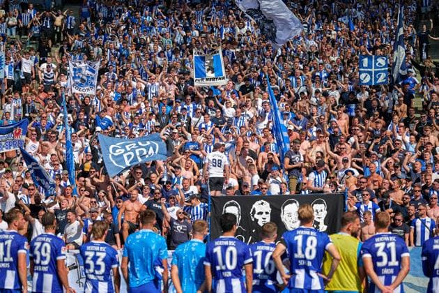 Hertha BSC Berlin celebrates victory, GER, Hertha BSC vs SSV Jahn Regensburg, Soccer Men, 2 Bundesliga, Season 2024 2025, 03 Matchday, 24 08 2024 DFL REGULATIONS PROHIBIT ANY USE OF PHOTOGRAPHS AS IMAGE SEQUENCES AND OR QUASI VIDEO GER, Hertha BSC vs SSV Jahn Regensburg, Soccer Men, 2 Bundesliga, Season 2024 2025, 03 Matchday, 24 08 2024 Berlin Copyright: xEibner-Pressefotox xClaudiusxRauchx EP_CRH