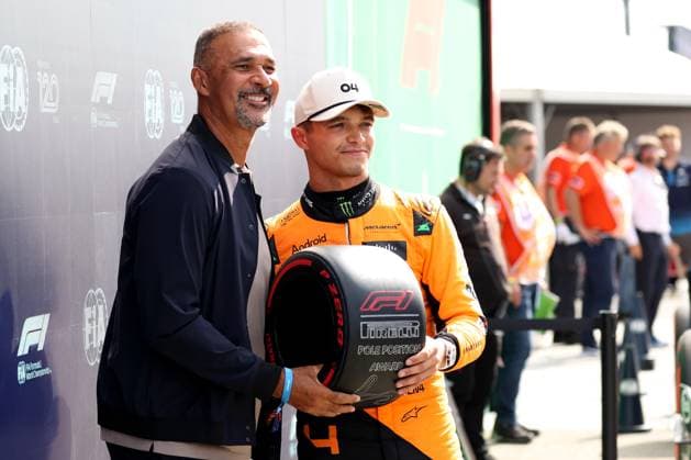24 08 2024, xsvx, Motorsport FIA Formula 1, Grand Prix of the Netherlands 2024 emspor, v l Joy over the pole for Lando Norris McLaren starting number 04 FIA REGULATIONS PROHIBIT ANY USE OF PHOTOGRAPHS as IMAGE SEQUENCES and or QUASI VIDEO Zandvoort