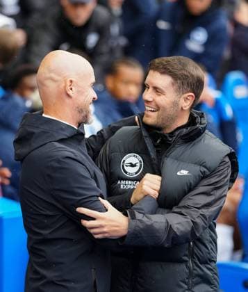 Manchester United, ManU s head coach Erik ten Hag left with Brighton s head coach Fabian Huerzeler before kick off Brighton & Hove Albion v Manchester United, Premier League, Football, American Express Community Stadium, Brighton, UK, 24 Aug 2024 EDITORIAL USE ONLY No use with unauthorised audio, video, data, fixture lists, club league logos or live services. Online in-match use limited to 120 images, no video emulation. No use in betting, games or single club league player publications.  Copyright: xDavexShopland Shutterstockx 14656114an
