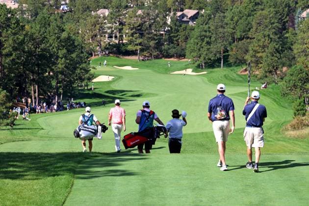 CASTLE ROCK, CO - AUGUST 24: PGA, Golf Herren golfers Nick Dunlap and Tommy Fleetwood walk the first hole during the third round of the PGA FedExCup BMW Championship on August 24th, 2024, at Castle Pines Golf Club in Castle Rock, Colorado. (Photo by Brian Spurlock Icon Sportswire) GOLF: AUG 24 PGA FedExCup Playoffs - BMW Championship EDITORIAL USE ONLY Icon24082411