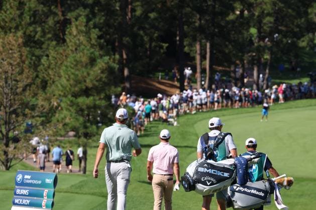 CASTLE ROCK, CO - AUGUST 24: PGA, Golf Herren golfers Sam Burns and Rory McIlroy walk the first hole during the third round of the PGA FedExCup BMW Championship on August 24th, 2024, at Castle Pines Golf Club in Castle Rock, Colorado. (Photo by Brian Spurlock Icon Sportswire) GOLF: AUG 24 PGA FedExCup Playoffs - BMW Championship EDITORIAL USE ONLY Icon24082412
