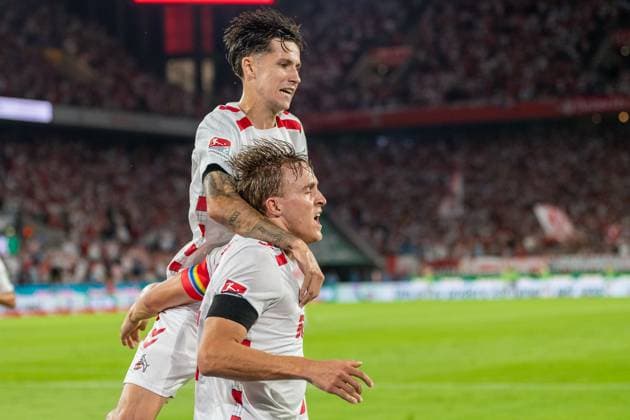 24 08 2024, Soccer 2 Bundesliga, Season 2024 2025, 03 Matchday, 1 FC Koeln vs Eintracht Braunschweig at Rhein Energie Stadium in Koeln Denis Huseinbasic 1 FC Koeln, 08 and Timo Huebers 1 FC Koeln, 04 celebrate the goal for 1 0 Important note In accordance with the regulations of the DFL German Football League and the DFB German Football Association, it is prohibited to use or have used photographs taken in the stadium and or of the match in the form of sequential images and or video-like photo series Foto Kirchner Media TH Copyright: xKirchner-Media THx