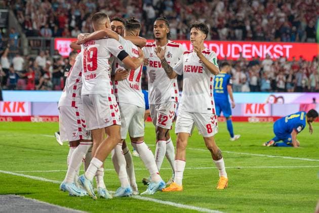 24 08 2024, Soccer 2 Bundesliga, Season 2024 2025, Matchday 03, 1 FC Koeln vs Eintracht Braunschweig at Rhein Energie Stadium in Koeln The Koeln players cheer the goal to 2 0 Important note According to the regulations of the DFL German Football League or the DFB German Football Association, it is prohibited to use or have used photographs taken in the stadium and or from the match in the form of sequential images and or video-like photo series Foto Kirchner Media TH Copyright: xKirchner-Media THx