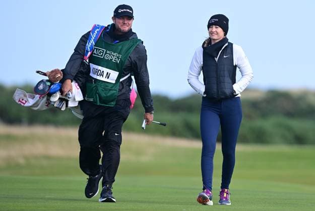 Nelly Korda on the 10th fairway shares a joke with her caddie AIG Women s Open, Day Three, Golf, St. Andrews, Scotland, UK - 24 Aug 2024  Copyright: xGreigxCowie Shutterstockx 14655900ar