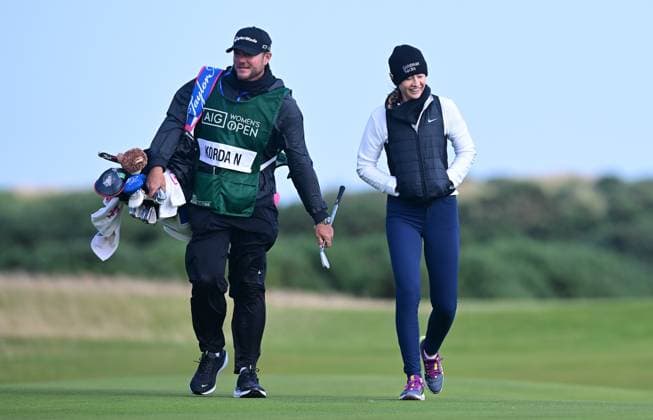 Nelly Korda on the 10th fairway shares a joke with her caddie AIG Women s Open, Day Three, Golf, St. Andrews, Scotland, UK - 24 Aug 2024  Copyright: xGreigxCowie Shutterstockx 14655900ao