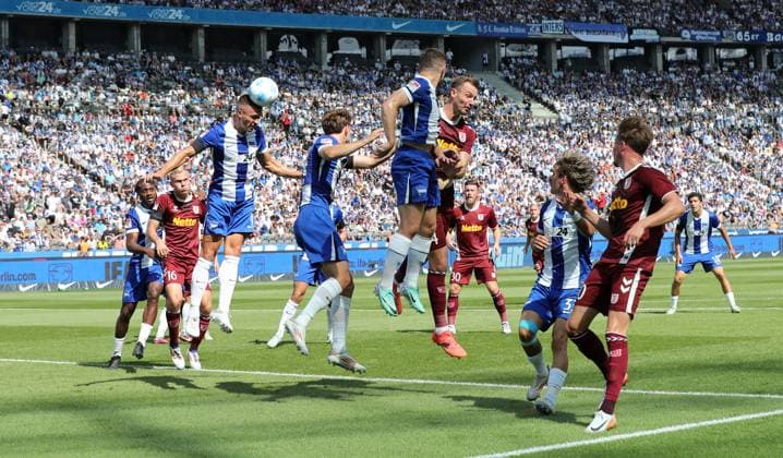 Marc Oliver Kempf on the ball duel Match scene Action Sport Football Soccer DFL 2 Bundesliga Men 3 Matchday Season 2024 2025 24 08 2024 Hertha BSC Berlin vs SSV Jahn Regensburg DFL regulations prohibit any use of photographs as image sequences and or quasi video