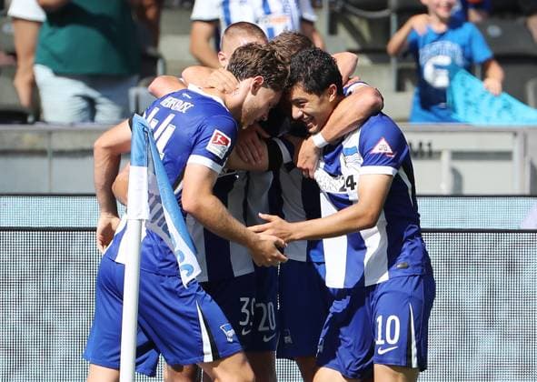 re Ibrahim Maza cheers after 1 0 with Linus Gechter, Derry Scherhant, Palko Dardai joy emotion jubilation Sport Football Soccer DFL 2 Bundesliga Men 3 Matchday Season 2024 2025 24 08 2024 Hertha BSC Berlin vs SSV Jahn Regensburg DFL regulations prohibit any use of photographs as image sequences and or quasi video