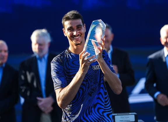 August 24, 2024: Lorenzo Sonego during trophy ceremony against Alex Michelsen. Lorenzo Sonego won the tournament. Winston-Salem Open, ATP, Tennis Herren Tour, Singles Final. Wake Forest Tennis Complex, Winston Salem, North Carolina. . CSM Winston Salem United States of America - ZUMAc04_ 20240824_zma_c04_266 Copyright: xDavidxBeachx