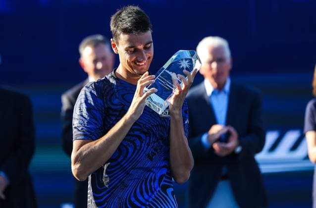 August 24, 2024: Lorenzo Sonego during trophy ceremony against Alex Michelsen. Lorenzo Sonego won the tournament. Winston-Salem Open, ATP, Tennis Herren Tour, Singles Final. Wake Forest Tennis Complex, Winston Salem, North Carolina. . CSM Winston Salem United States of America - ZUMAc04_ 20240824_zma_c04_253 Copyright: xDavidxBeachx