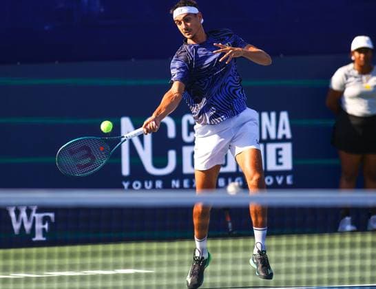 August 24, 2024: Lorenzo Sonego hits ball against Alex Michelsen. Lorenzo Sonego won the tournament. Winston-Salem Open, ATP, Tennis Herren Tour, Singles Final. Wake Forest Tennis Complex, Winston Salem, North Carolina. . CSM Winston Salem United States of America - ZUMAc04_ 20240824_zma_c04_244 Copyright: xDavidxBeachx