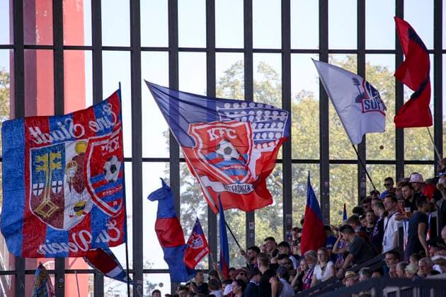 Krefeld, Germany, 24 08 24 the fans of KFC Uerdingen with flags during the match of the Regionalliga West between KFC Uerdingen and Türkspor Dortmund in the Grotenburg Photo by Brauer Fotoagentur Adrian Schlueter Krefeld Grotenburg North Rhine Westphalia Germany Copyright: xBrauer-Fotoagenturx xAdrianxSchlx
