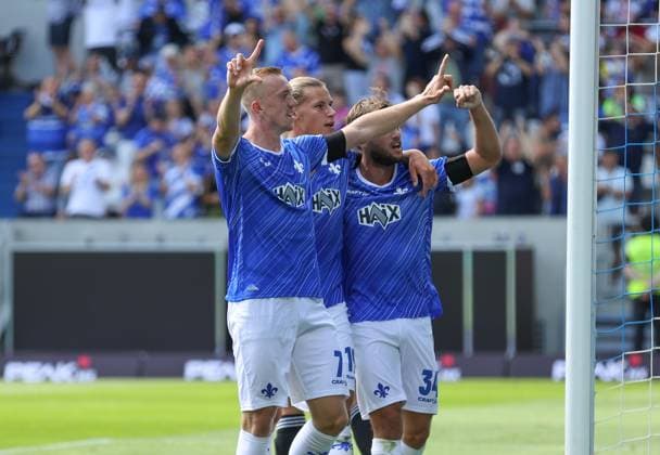 25 08 2024, xdcx, Soccer 2 Bundesliga, SV Darmstadt 98 1 FC Nürnberg, emonline, emspor, despor, v l , Goal celebration, celebrate the goal DFL DFB REGULATIONS PROHIBIT ANY USE OF PHOTOGRAPHS AS IMAGE SEQUENCES AND OR QUASI VIDEO Copyright: HMBxMedia Claus