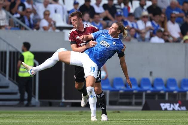 2024 08 25 xJFAx Soccer 2 Bundesliga 3 Matchday Season 2024 25, SV Darmstadt 98 1 FC Nürnberg v l , Robin Knoche 1 FC Nürnberg , Fynn Lakenmacher SV Darmstadt 98 , Zweikampf, Action, Aktion, Battles for the Ball DFL DFB REGULATIONS PROHIBIT ANY USE OF PHOTOGRAPHS as IMAGE SEQUENCES and or QUASI VIDEO Copyright: JoaquimxFerreira