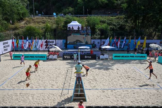 L-R Ondrej Perusic and David Schweiner of Czech Republic in action during the Brno Beach Pro, Beach volleyball, Beachvolleyball tournament of Futures category match against Javier Huerta, Alejandro Huerta of Spain, Spain vs Czechia, on August 25, 2024, in Brno, Czech Republic. (CTKxPhoto VaclavxSalek) CTKPhotoP2024082503164  CTKPhotoP2024082503164