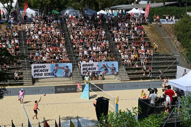 Ondrej Perusic and David Schweiner of Czech Republic in action during the Brno Beach Pro, Beach volleyball, Beachvolleyball tournament of Futures category match against Javier Huerta, Alejandro Huerta of Spain, Spain vs Czechia, on August 25, 2024, in Brno, Czech Republic. (CTKxPhoto VaclavxSalek) CTKPhotoP2024082503166  CTKPhotoP2024082503166