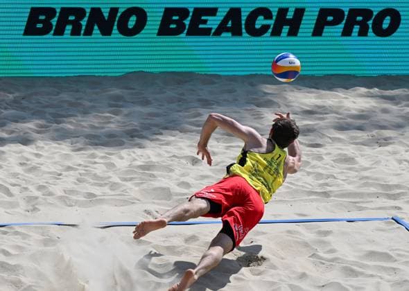 Ondrej Perusic (pictured) and David Schweiner of Czech Republic in action during the Brno Beach Pro, Beach volleyball, Beachvolleyball tournament of Futures category match against Javier Huerta, Alejandro Huerta of Spain, Spain vs Czechia, on August 25, 2024, in Brno, Czech Republic. (CTKxPhoto VaclavxSalek) CTKPhotoP2024082503167  CTKPhotoP2024082503167