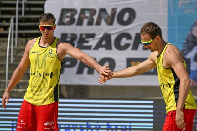 L-R David Schweiner and Ondrej Perusic of Czech Republic in action during the Brno Beach Pro, Beach volleyball, Beachvolleyball tournament of Futures category match against Javier Huerta, Alejandro Huerta of Spain (both not pictured), Spain vs Czechia, on August 25, 2024, in Brno, Czech Republic. (CTKxPhoto VaclavxSalek) CTKPhotoP2024082503181  CTKPhotoP2024082503181