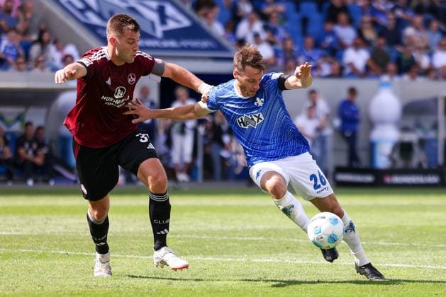 2024 08 25 xJFAx Soccer 2 Bundesliga 3 Matchday Season 2024 25, SV Darmstadt 98 1 FC Nürnberg v l , Robin Knoche 1 FC Nürnberg , Matthias Bader SV Darmstadt 98 , Zweikampf, Action, Aktion, Battles for the Ball DFL DFB REGULATIONS PROHIBIT ANY USE OF PHOTOGRAPHS as IMAGE SEQUENCES and or QUASI VIDEO Copyright: JoaquimxFerreira