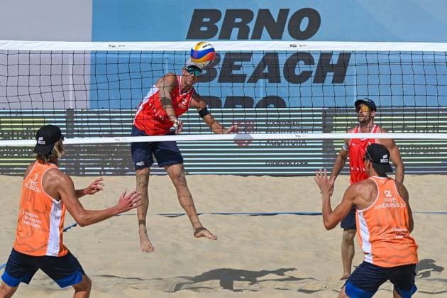 From left Jacob Holting Nilsson of Sweden, Alejandro Huerta, Javier Huerta, both of Spain, Elmer Andersson of Sweden in action during the Brno Beach Pro, Beach volleyball, Beachvolleyball tournament of Futures category, on August 25, 2024, in Brno, Czech Republic. (CTKxPhoto VaclavxSalek) CTKPhotoP2024082503728 CTKPhotoP2024082503728