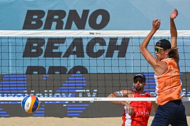 From left Javier Huerta of Spain, Jacob Holting Nilsson of Sweden in action during the Brno Beach Pro, Beach volleyball, Beachvolleyball tournament of Futures category, on August 25, 2024, in Brno, Czech Republic. (CTKxPhoto VaclavxSalek) CTKPhotoP2024082503751  CTKPhotoP2024082503751