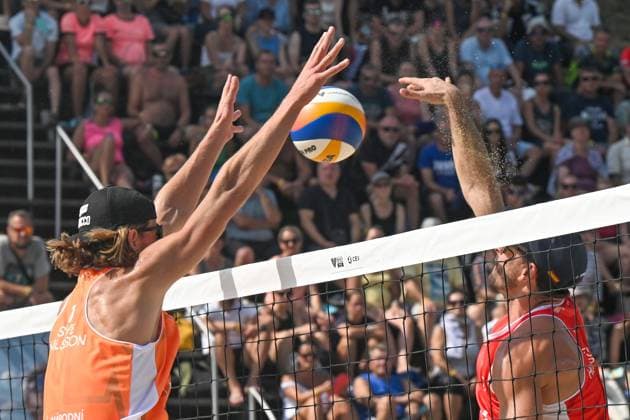 From left Jacob Holting Nilsson of Sweden and avier Huerta of Spain in action during the Brno Beach Pro, Beach volleyball, Beachvolleyball tournament of Futures category, on August 25, 2024, in Brno, Czech Republic. (CTKxPhoto VaclavxSalek) CTKPhotoP2024082503763  CTKPhotoP2024082503763