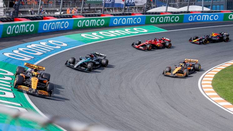 Lando Norris of Great Britain and McLaren Formula 1 Team and George Russell of Great Britain and Mercedes AMG Petronas F1 Team and Oscar Piastri of Australia and McLaren Formula 1 Team and Charles Leclerc of Monaco and Scuderia Ferrari and Sergio Perez of Mexico and Oracle Red Bull Racing during the F1 Grand Prix of Netherlands at Circuit Park Zandvoort on August 25, 2024 in Zandvoort, Netherlands Defodi 704 MTB20240825F1MTBPhoto 7794 Defodi-704