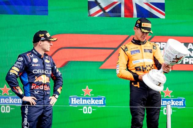 ZANDVOORT - Max Verstappen (Red Bull Racing) and Lando Norris (McLaren) on the podium after the F1 Grand Prix of the Netherlands at the Circuit of Zandvoort. ANP SEM VAN DER WAL xVIxANPxSportx xxANPxIVx 506727715 originalFilename: 506727715.jpg