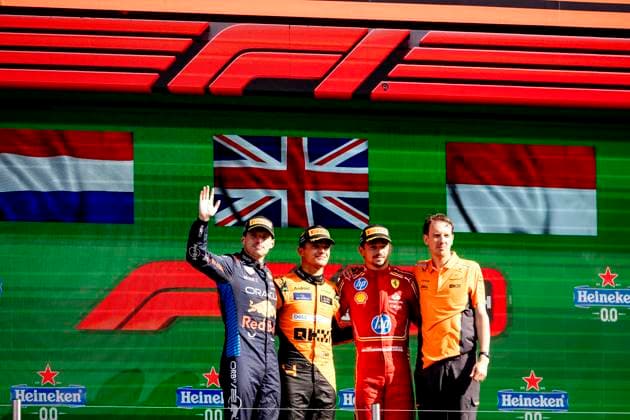 ZANDVOORT - Max Verstappen (Red Bull Racing), Lando Norris (McLaren) and Charles Leclerc (Ferrari) on the podium after the F1 Grand Prix of the Netherlands at the Circuit of Zandvoort. ANP SEM VAN DER WAL xVIxANPxSportx xxANPxIVx 506728154 originalFilename: 506728154.jpg