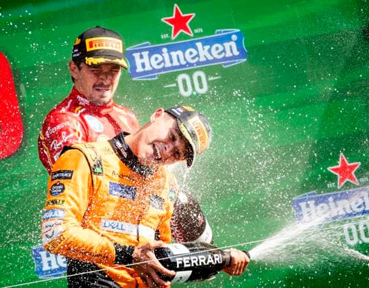 ZANDVOORT - Charles Leclerc (Ferrari) and Lando Norris (McLaren) on the podium after the F1 Grand Prix of the Netherlands at the Circuit of Zandvoort. ANP SEM VAN DER WAL xVIxANPxSportx xxANPxIVx 506731674 originalFilename: 506731674.jpg
