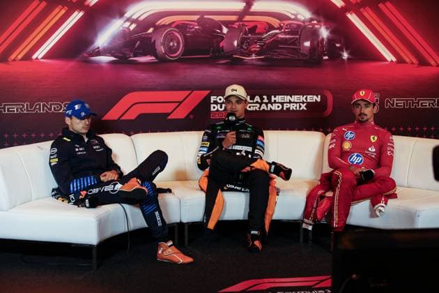 VERSTAPPEN Max (ned), Red Bull Racing RB20, portrait NORRIS Lando (gbr), McLaren F1 Team MCL38, portrait LECLERC Charles (mco), Scuderia Ferrari SF-24, portrait press conference, PK, Pressekonferenz during the Formula 1 Heineken Dutch Grand Prix 2024, 15th round of the 2024 Formula One World Championship, WM, Weltmeisterschaft from August 23 to 25, 2024 on the Circuit Zandvoort, in Zandvoort, Netherlands - F1 - DUTCH GRAND PRIX 2024 DPPI Panoramic 240825_R15_OLANDA_DP_XB3_8064