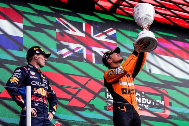 2024-08-25 F1 - Heineken Dutch GP - Trophy Ceremony ZANDVOORT, NETHERLANDS - AUGUST 25: Max Verstappen of Red Bull Racing, Lando Norris of McLaren at the Trophy Ceremony during F1 - Heineken Dutch GP on August 25, 2024 in Zandvoort, Netherlands. Zandvoort Netherlands Content not available for redistribution in The Netherlands directly or indirectly through any third parties. Copyright: xAndrexWeeningx