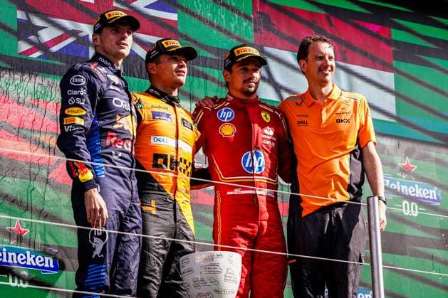 2024-08-25 F1 - Heineken Dutch GP - Trophy Ceremony ZANDVOORT, NETHERLANDS - AUGUST 25: Max Verstappen of Red Bull Racing, Lando Norris of McLaren, Charles Leclerc of Ferrari, Will Joseph of Mclaren Racing at the Trophy Ceremony during F1 - Heineken Dutch GP on August 25, 2024 in Zandvoort, Netherlands. Zandvoort Netherlands Content not available for redistribution in The Netherlands directly or indirectly through any third parties. Copyright: xAndrexWeeningx