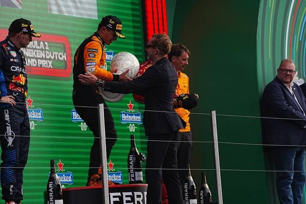 25 08 2024, Circuit Park Zandvoort, Zandvoort, FORMULA 1 HEINEKEN DUTCH GRAND PRIX 2024 , in the picture winner Lando Norris GBR , McLaren F1 Team, 2nd place for Max Verstappen NLD , Oracle Red Bull Racing, 3rd place for Charles Leclerc MCO , Scuderia Ferrari HP Defodi 506 20240825 hbr 4454 Defodi-506