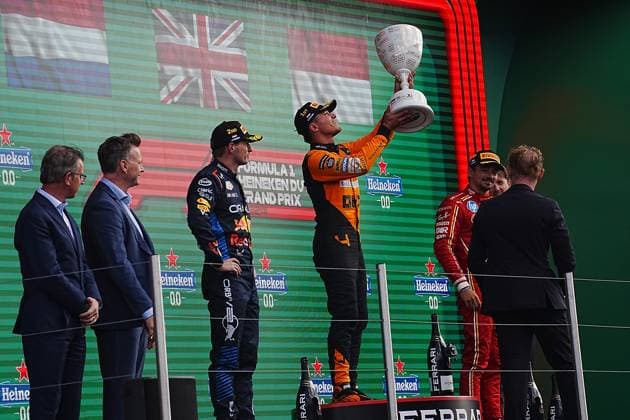 25 08 2024, Circuit Park Zandvoort, Zandvoort, FORMULA 1 HEINEKEN DUTCH GRAND PRIX 2024 , in the picture winner Lando Norris GBR , McLaren F1 Team, 2nd place for Max Verstappen NLD , Oracle Red Bull Racing, 3rd place for Charles Leclerc MCO , Scuderia Ferrari HP Defodi 506 20240825 hbr 4484 Defodi-506