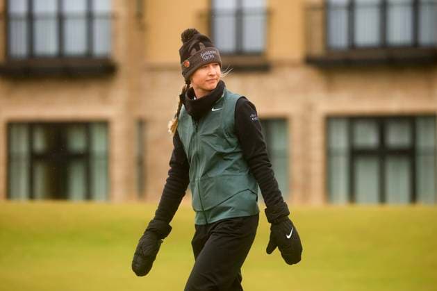 25th August 2024; Old Course at St Andrews, St Andrews, Fife, Scotland; AIG Womens Open Golf, Final Round; Nelly Korda of the USA wearing mittens against the cold on the fairway of the second hole of the Old Course, St Andrews Links during the final round of the AIG Women& x2019;s Open  ActionPlus12686107 DavidxYoung