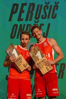Ondrej Perusic, David Schweiner of Czech Republic celebrate victory after the Brno Beach Pro, Beach volleyball, Beachvolleyball tournament of Futures category, on August 25, 2024, in Brno, Czech Republic. (CTKxPhoto VaclavxSalek) CTKPhotoP2024082505161  CTKPhotoP2024082505161