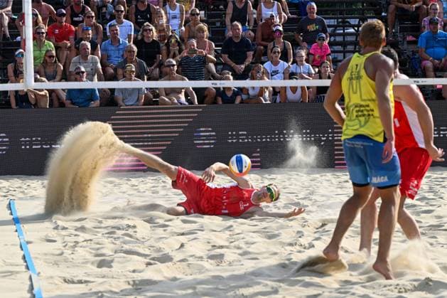 From left Ondrej Perusic, Matyas Jezek, David Schweiner of Czech Republic in action during the Brno Beach Pro, Beach volleyball, Beachvolleyball tournament of Futures category, on August 25, 2024, in Brno, Czech Republic. (CTKxPhoto VaclavxSalek) CTKPhotoP2024082505260  CTKPhotoP2024082505260