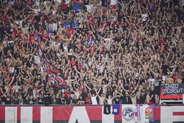 Supporter of OGC Nice team football. OGC Nice vs Toulouse FC, Ligue 1 in Allianz Riviera, NICE, France, on August 25, 2024. FOOTBALL : OGC Nice vs Toulouse FC - Ligue 1 - 25 08 25 FredDides Panoramic 