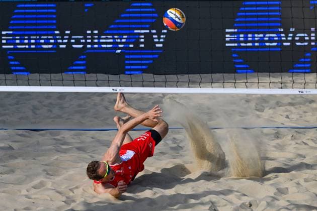 Ondrej Perusic (pictured), David Schweiner of Czech Republic in action during the Brno Beach Pro, Beach volleyball, Beachvolleyball tournament of Futures category, on August 25, 2024, in Brno, Czech Republic. (CTKxPhoto VaclavxSalek) CTKPhotoP2024082505272  CTKPhotoP2024082505272