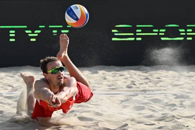 Ondrej Perusic (pictured), David Schweiner of Czech Republic in action during the Brno Beach Pro, Beach volleyball, Beachvolleyball tournament of Futures category, on August 25, 2024, in Brno, Czech Republic. (CTKxPhoto VaclavxSalek) CTKPhotoP2024082505286  CTKPhotoP2024082505286