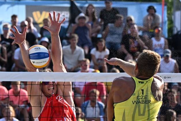 From right Matyas Jezek, David Schweiner of Czech Republic in action during the Brno Beach Pro, Beach volleyball, Beachvolleyball tournament of Futures category, on August 25, 2024, in Brno, Czech Republic. (CTKxPhoto VaclavxSalek) CTKPhotoP2024082505261  CTKPhotoP2024082505261