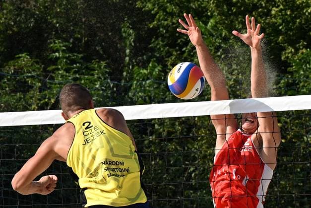 From left Matyas Jezek, David Schweiner of Czech Republic in action during the Brno Beach Pro, Beach volleyball, Beachvolleyball tournament of Futures category, on August 25, 2024, in Brno, Czech Republic. (CTKxPhoto VaclavxSalek) CTKPhotoP2024082505296  CTKPhotoP2024082505296
