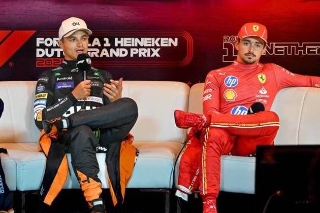 Formula 1 GP Zandvoort Holland Sunday, 25 08 2024 Lando Norris 4, McLaren Formula 1 Team and Charles Leclerc 16, Scuderia Ferrari in the press conference Formula 1 GP Zandvoort Holland Sunday, 25 08 2024 Copyright: xBEAUTIFULxSPORTS Erlhofx