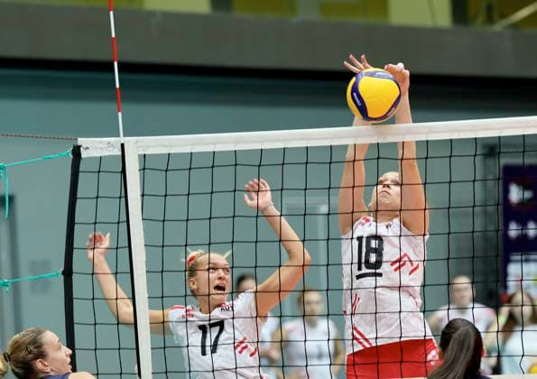 VOLLEYBALL - CEV EuroVolley 2026 qualification SCHWECHAT,AUSTRIA,25.AUG.24 - VOLLEYBALL - CEV EuroVolley 2026, ladies, qualification, OEVV international match, Länderspiel, Nationalmannschaft Austria vs Greece. Image shows Dana Schmit and Nina Nesimovic (AUT).  GEPAxpictures xHansxOberlaender