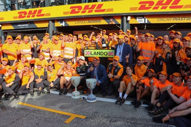 August 25, 2024, Zandvoort, Monte Carlo, Netherlands: LANDO NORRIS wins the 2024 Dutch Grand Prix, podium, Mclaren team celebration with ZAC BROWNN, ANDREA STELLA, and OSCAR PIASTRI Zandvoort Netherlands - ZUMAk187 20240825_zsp_k187_023 Copyright: xAlexisxKahnx