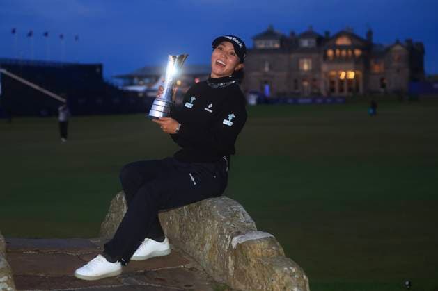25th August 2024; Old Course at St Andrews, St Andrews, Fife, Scotland; AIG Womens Open Golf, Final Round; Lydia Ko of New Zealand with the AIG Womens Open Golf trophy on the Swilken Bridge of the Old Course, St Andrews Links after the final round of the AIG Women& x2019;s Open  ActionPlus12686261 DavidxYoung