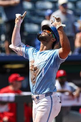 August 25, 2024: Kansas City Royals left fielder MJ Melendez (1) reacts to his sixth inning home run against the Philadelphia Phillies at Kauffman Stadium in Kansas City, MO. CSM Kansas City United States of America - ZUMAc04_ 20240825_zma_c04_033 Copyright: xDavidxSmithx